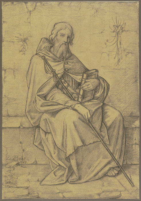 Der Heilige Thomas von Aquin in ganzer Figur an alten Gemäuern sitzend from Leopold von Bode