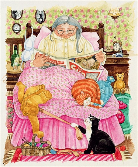 Grandma and 2 cats and a pink bed from Linda  Benton