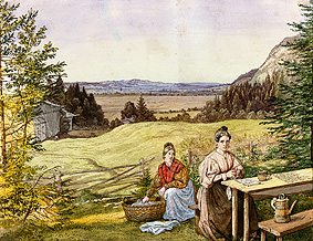 Look over a hill landscape with two women at a table. from Lorenzo Quaglio d.J.