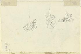 Studienblatt: Drei flüchtige Skizzen von (eine Fahne hissenden?) Figuren um einen Mast