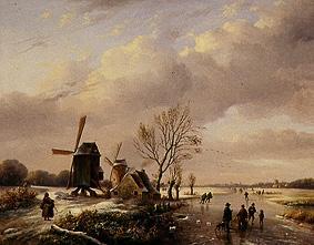 WinterlFlußlandschaft with ice-skaters and windmills from Louis Verwee
