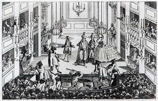 Riot at Covent Garden Theatre in 1763 in consequence of the Managers refusing to admit half-price in from Louis Philippe Boitard