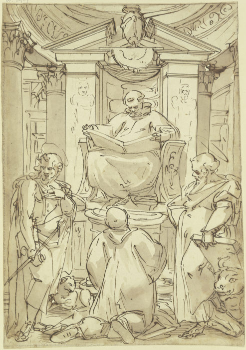 Der Heilige Benedikt (?) mit aufgeschlagenem Buch auf einem Postament vor Aedicula und Kuppelansatz  from Luca Cambiaso