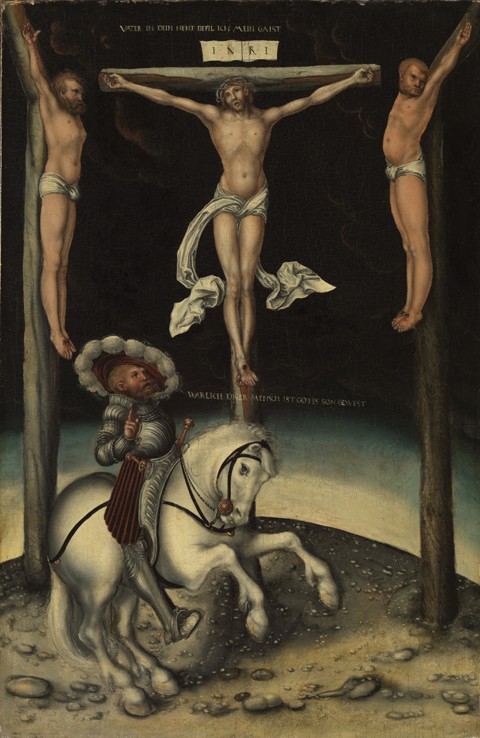 The centurion Longinus among the crosses of Christ and the two thieves from Lucas Cranach the Elder