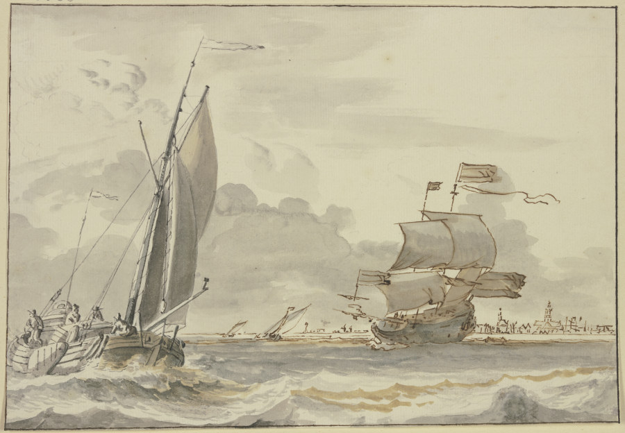 Bewegte See, nach rechts segelndes Schiff, links eine Barke mit vier Mann, im Hintergrund eine Stadt from Ludolf Backhuysen