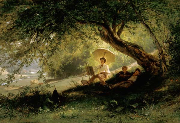 Painter at the edge of the forest with look into a Flusstal from Ludwig Hugo Becker