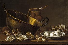 Still life with oysters, garlic and eggs