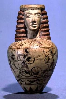 Proto-Corinthian aryballos with a human head, decorated with a scene of combat