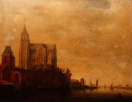 Groote Kerk with a View of the Main Tower, Emmerich in a River Landscape with Sailing Boats from Maerten Fransz van der Hulst