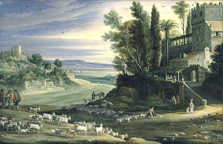 Landscape with Shepherds and the Supper at Emmaus from Maerten Ryckaert