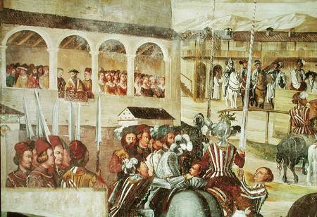 Tournament in Honour of Christian I (1426-81) of Denmark at Castello di Malpaga, detail from the lef from Marcello Fogolino
