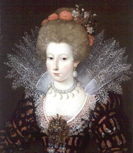 Portrait of a lady in a high lace collar and jewelled silk costume from Marguerite Bunel