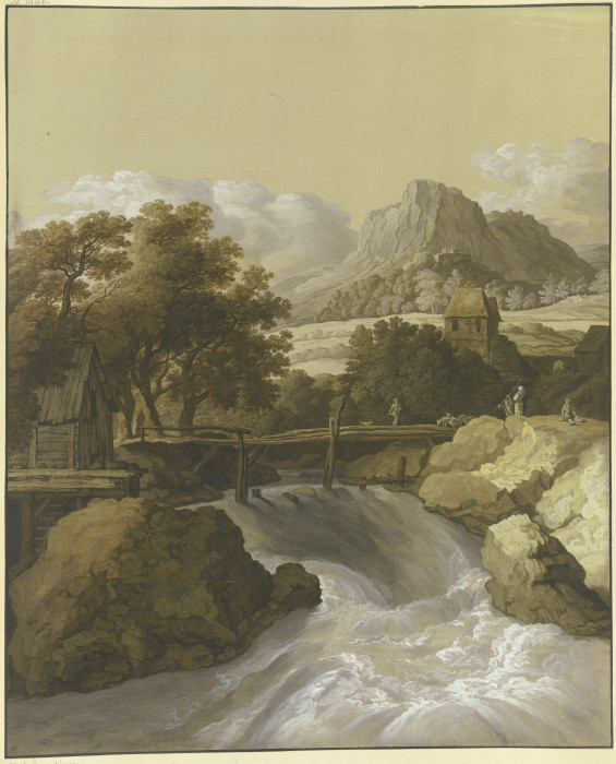 Ein reißender Bach mit einer Brücke und Blick in ein Tal from Maria Katharina Prestel