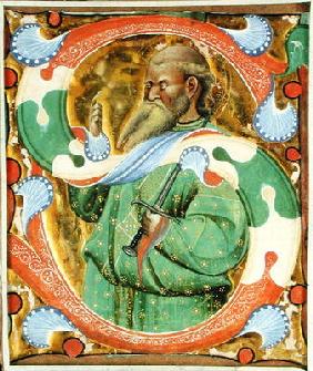 Historiated initial 'S' depicting St. Paul (vellum)