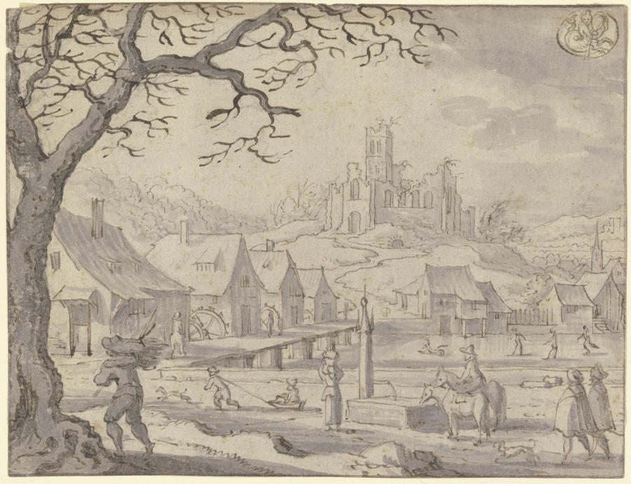 Monatsbild Januar, oben rechts das Zeichen des Wassermanns from Matthäus Merian d. Ä.