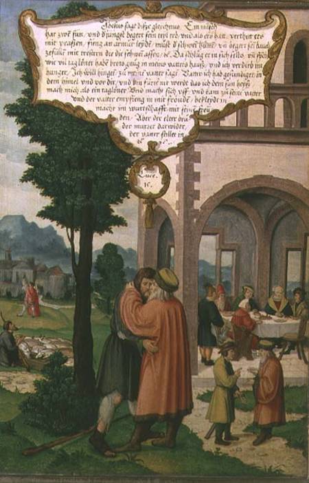 The Parable of the Prodigal Son, section from the Mompelgarter Altarpiece from Matthias Gerung or Gerou