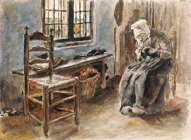 Old Dutchwoman at the window watercolor painting doing needlework