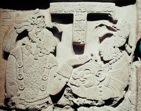 Stela depicting a woman presenting a jaguar mask to a priest, from Yaxchilan from Mayan