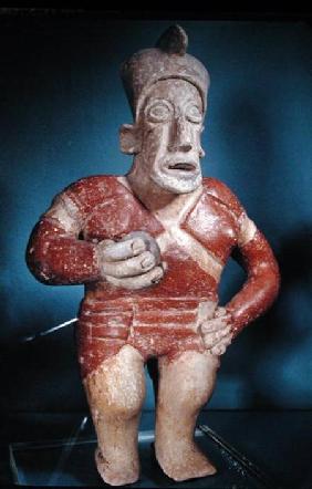 Figurine of a tlachtli player wearing a helmet, from Jalisco, Classic Period