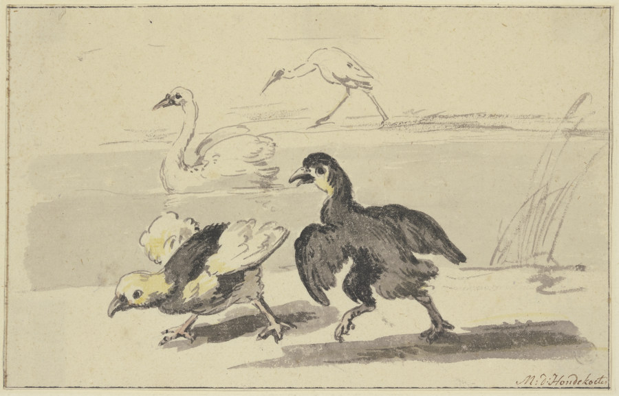 Zwei junge Schwäne nach links laufend, auf dem Wasser das Elterntier, hinten ein Storch from Melchior de Hondecoeter