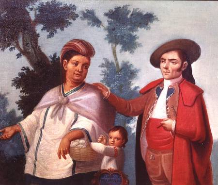A Spaniard and his Mexican Indian Wife, illustration of mixed race marriages in Mexico from Mexican School
