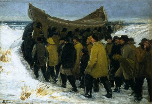 Danish fishermen take her boat to water in winter from Michael Peter Ancher
