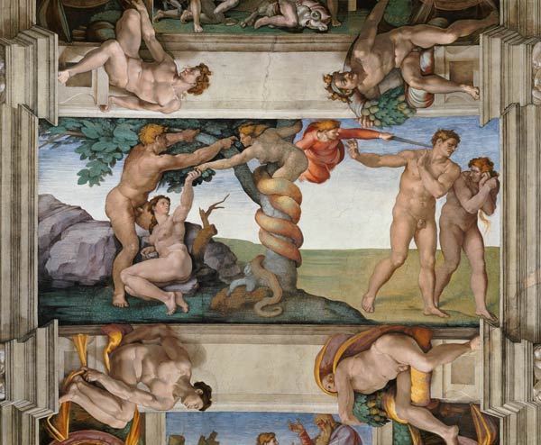 Fall of Man and expulsion from the paradise. Ceiling fresco in the Sistine chapel in Rome from Michelangelo Buonarroti