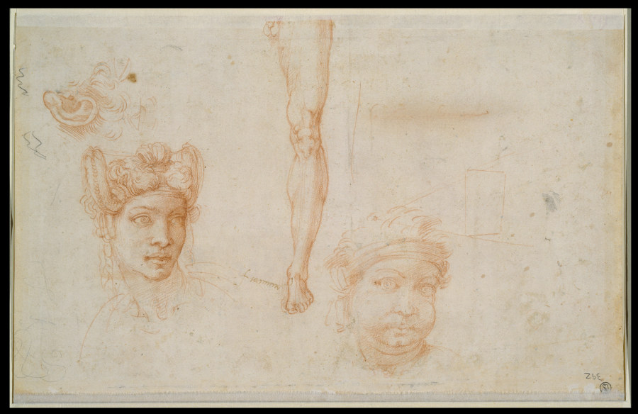 Ear and Two Eyes, Woman’s Head with Plaited Hair, Leg Study, Head with Bandage, Scheme of the Pyrami from Michelangelo Buonarroti