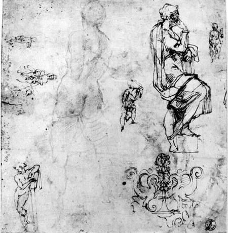 Sketches of male nudes, a madonna and child and a decorative emblem  & ink and from Michelangelo Buonarroti