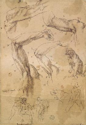 Ms H 184 fol.202 Studies of raised arms, a wild cat and a group of figures  &