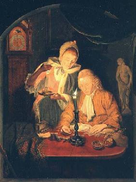 Couple counting money by candlelight