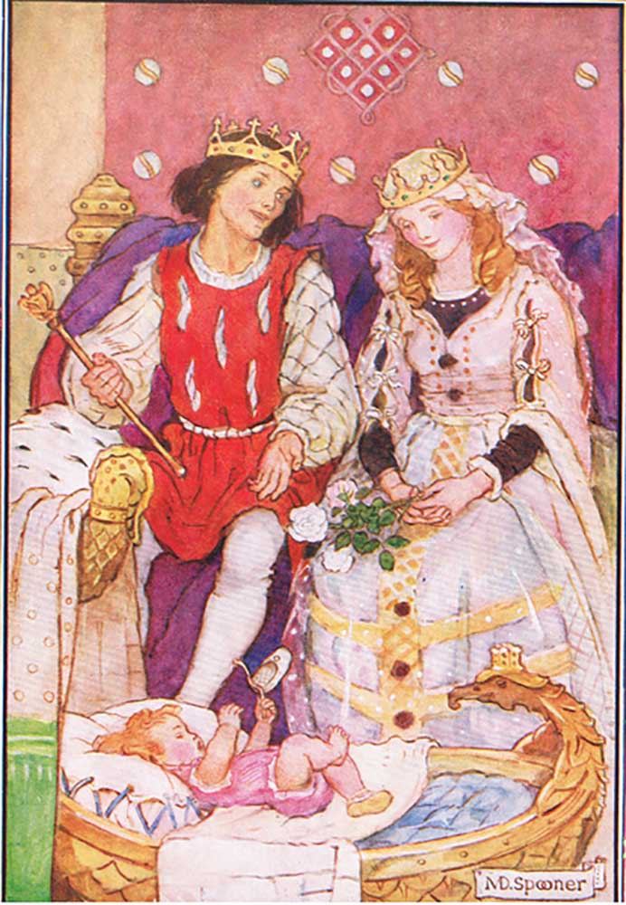 Their baby was in a golden cradle at their feet (from the story The Magic Candles), illustration fro from Minnie Didbin Spooner