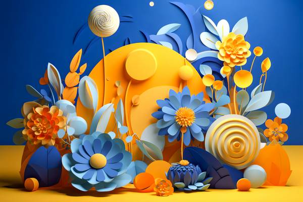3D abstrakte Blumen in Blau und gelb, Blumenornament, floral, Natur from Miro May