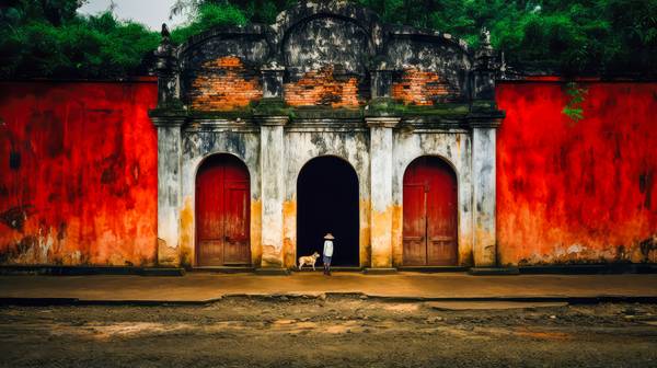 Ein Junge mit einem Hund vor einem Tempel in Vietnam. Farben und Architektur Asiens from Miro May