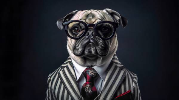 Mops mit Anzug, Krawatte und Sonnenbrille auf dunklem Hintergrund. Haustiere, Hund, Portrait, Hundep from Miro May