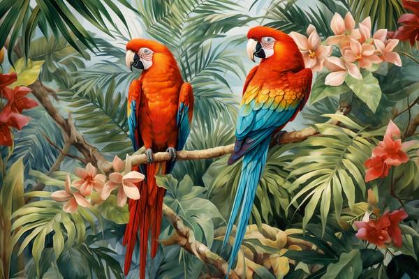 Papageien im Wald, Tropischer Regenwald, Vögel in Natur, Jungle mit Pflanzen und Vögeln from Miro May