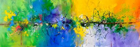 Abstrakte Malerei mit leuchtenden Farben, Grün, Blau, Gelb, Lila, Linien und Spritzern, die eine ene