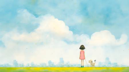 Aquarelle mit einem Mädchen und Hund, Skyline, Wolkenlandschaften, minimalistisch. Digital AI Art.