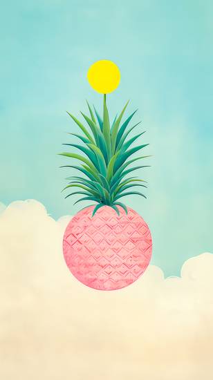 Aquarelle mit pink Ananas und Wolkenlandschaften, minimalistisch. Digital AI Art.
