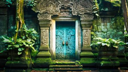 Blaue Tür in einem Tempel in Bali. Architektur in Asien