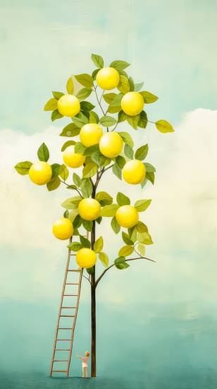 Bunte Aquarelle mit einem Zitronenbaum und Leiter. Ernte Minimalistisch