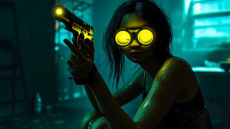 Ein futuristisches Porträt einer Frau mit leuchtend gelben Brillen und Waffe . Zukunftsvision. Futur