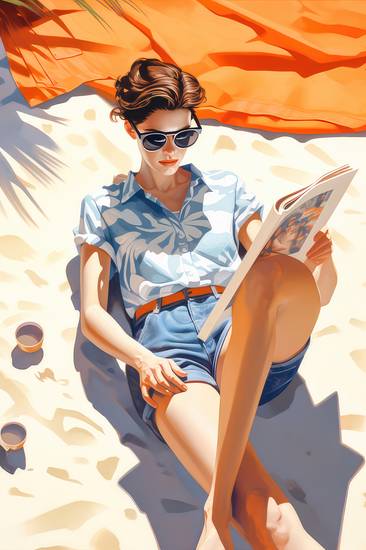 Eine Frau mit Sonnenbrillen liegt am Sonnigen Tag am Strand im Sand und liest ein Buch. 