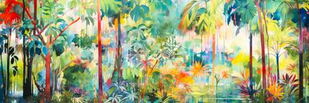 Eine tropische Kulisse entfaltet sich, geprägt von lebendigen Palmen und Bäumen, in einem digitalen 