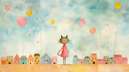 Katze und Luftballons. Aquarelle mit bunten Häusern und Wolkenlandschaften, minimalistisch. Digital 