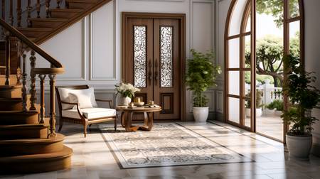 Mediterranes Innendesign einer modernen Eingangshalle mit Gittertür, Treppen und Pflanzen