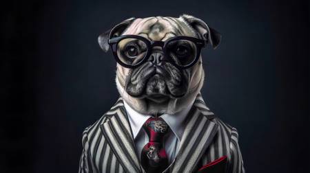 Mops mit Anzug, Krawatte und Sonnenbrille auf dunklem Hintergrund. Haustiere, Hund, Portrait, Hundep