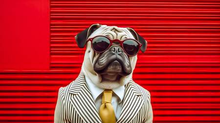 Mops mit Anzug, Krawatte und Sonnenbrille auf rotem Hintergrund. Haustiere, Hund, Portrait, Hundepor