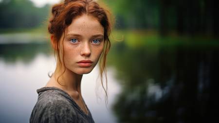 Porträt einer wunderschönen Frau mit roten Haaren und Sommersprossen am Waldsee