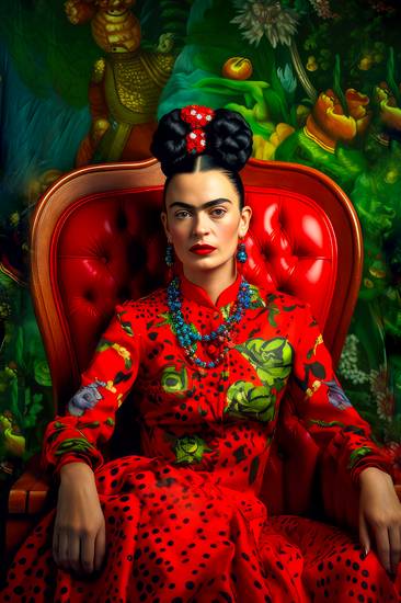  Porträt von Frida Kahloin einem roten Kleid mit grünen Akzenten.